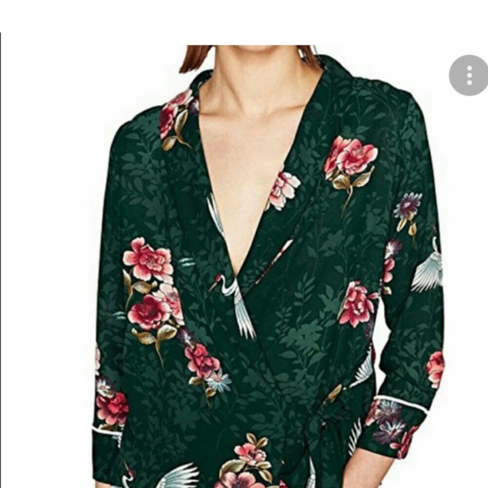 | Zara Basic Green Floral Bird Top